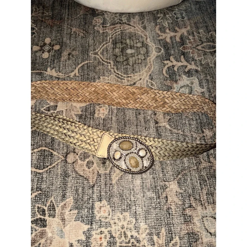 Chico's Leather Braided Gold Rhinestone Studded Leather Belt Y2K Vintage Buckle